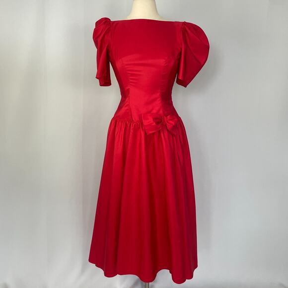 Vintage Formal Dress Size 8 Red Puff Sleeve A Line Bow Prom Romantic 80s 90s - Picture 2 of 16